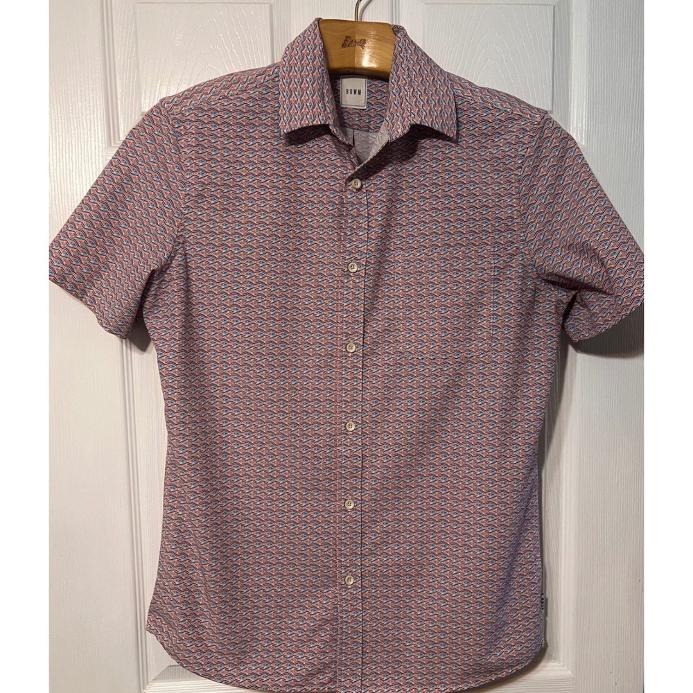 ROWM Mens Short Sleeve Button Down Shirt Geometric Diamond Print Orange Blue M